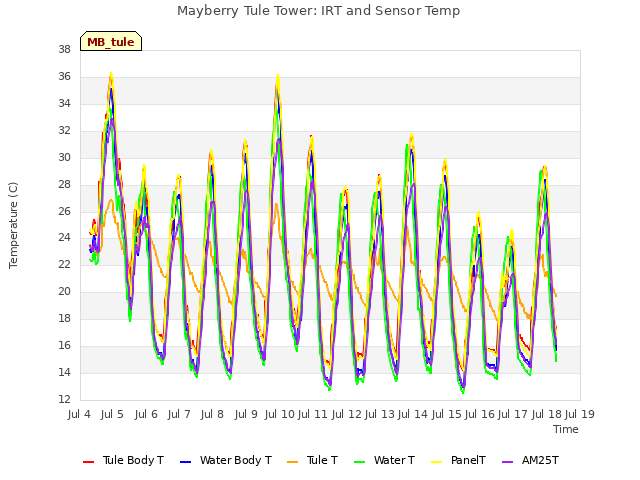 plot of Mayberry Tule Tower: IRT and Sensor Temp