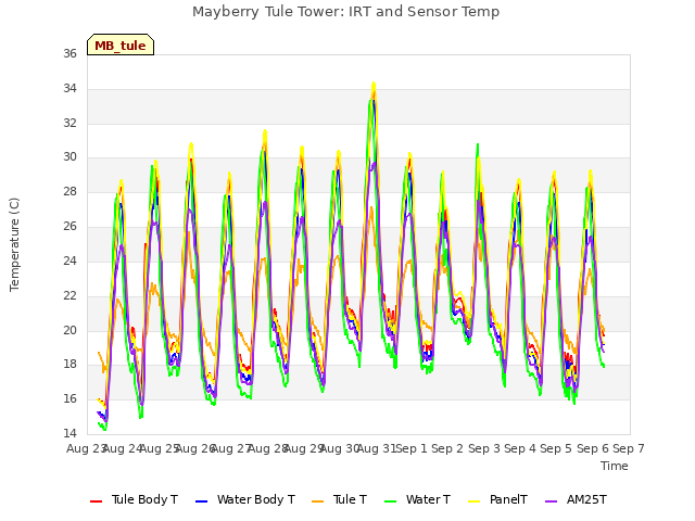 plot of Mayberry Tule Tower: IRT and Sensor Temp