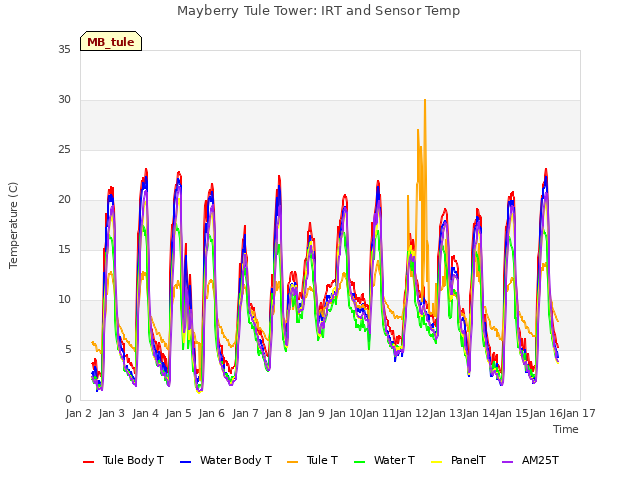 plot of Mayberry Tule Tower: IRT and Sensor Temp