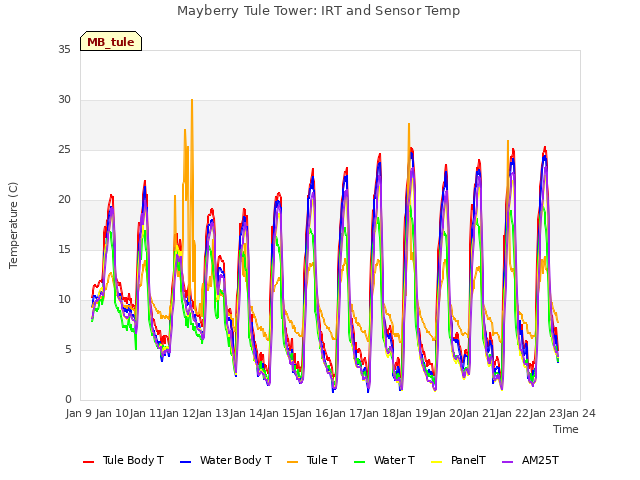 plot of Mayberry Tule Tower: IRT and Sensor Temp