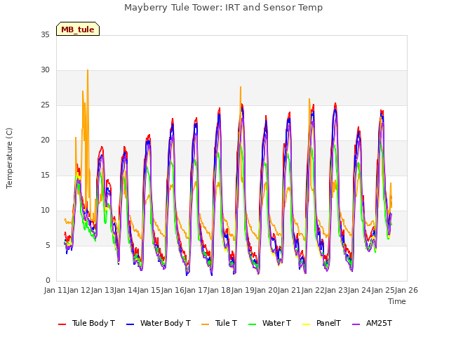 plot of Mayberry Tule Tower: IRT and Sensor Temp