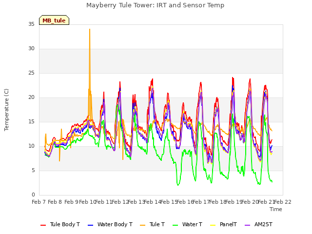 plot of Mayberry Tule Tower: IRT and Sensor Temp