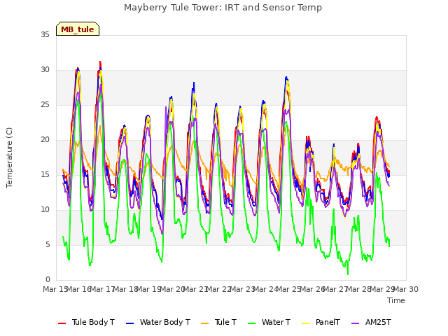 plot of Mayberry Tule Tower: IRT and Sensor Temp