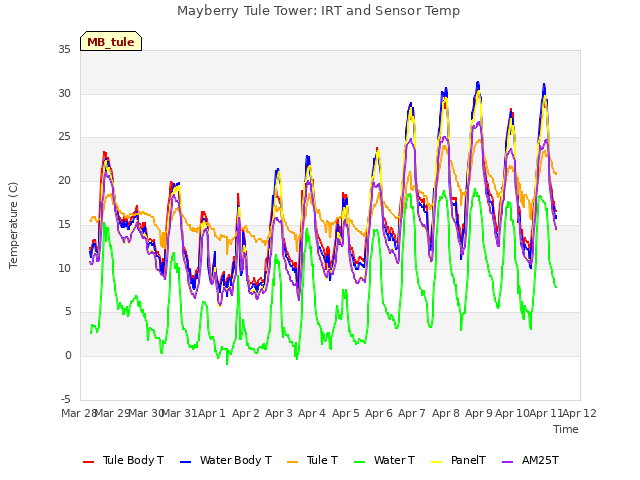 plot of Mayberry Tule Tower: IRT and Sensor Temp