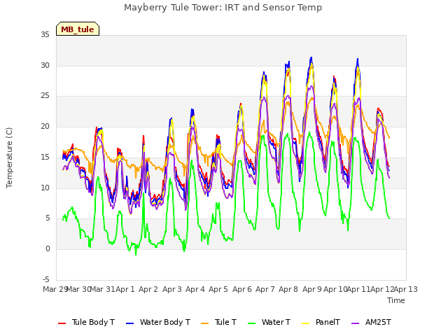 plot of Mayberry Tule Tower: IRT and Sensor Temp