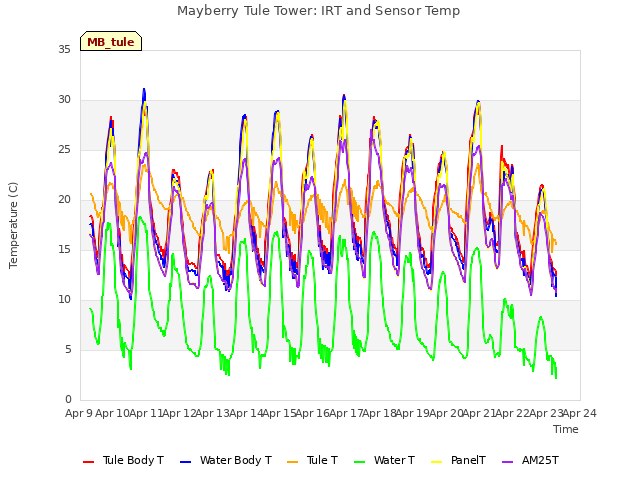 plot of Mayberry Tule Tower: IRT and Sensor Temp
