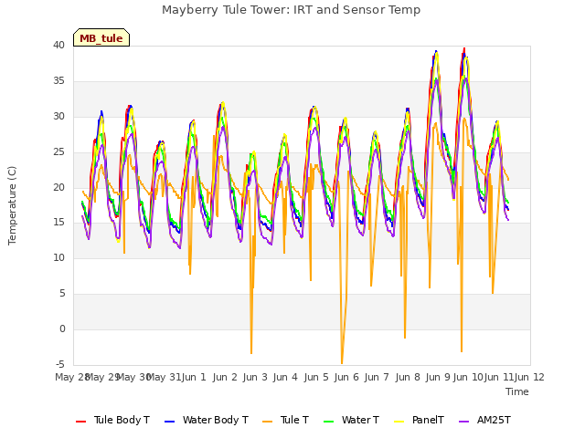 plot of Mayberry Tule Tower: IRT and Sensor Temp
