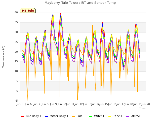 plot of Mayberry Tule Tower: IRT and Sensor Temp