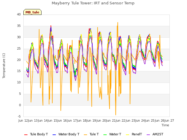 plot of Mayberry Tule Tower: IRT and Sensor Temp