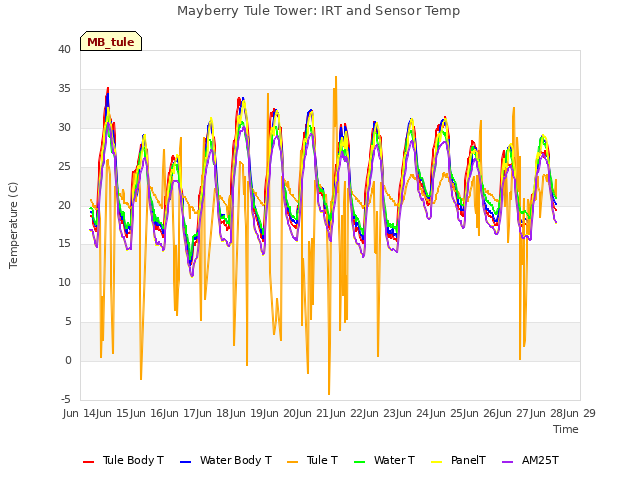 plot of Mayberry Tule Tower: IRT and Sensor Temp