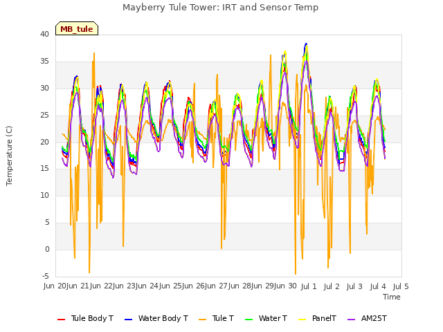 plot of Mayberry Tule Tower: IRT and Sensor Temp