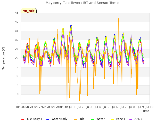 plot of Mayberry Tule Tower: IRT and Sensor Temp