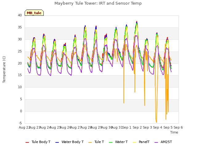 plot of Mayberry Tule Tower: IRT and Sensor Temp