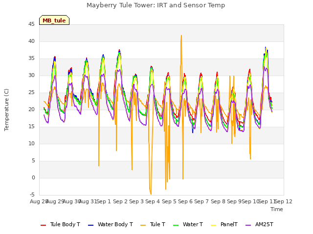 plot of Mayberry Tule Tower: IRT and Sensor Temp