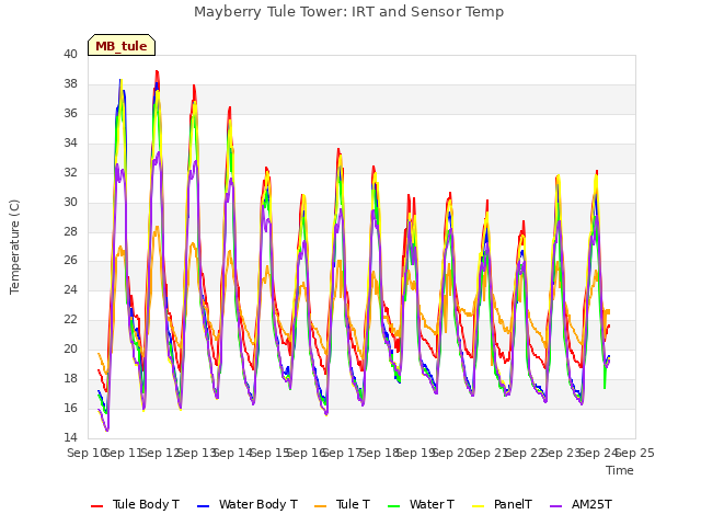 plot of Mayberry Tule Tower: IRT and Sensor Temp