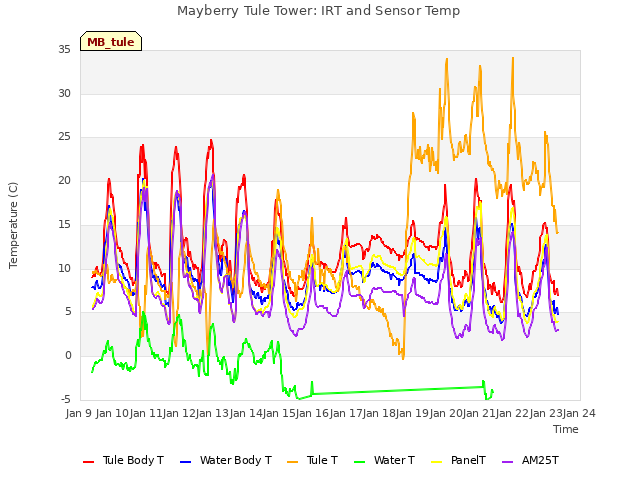 plot of Mayberry Tule Tower: IRT and Sensor Temp