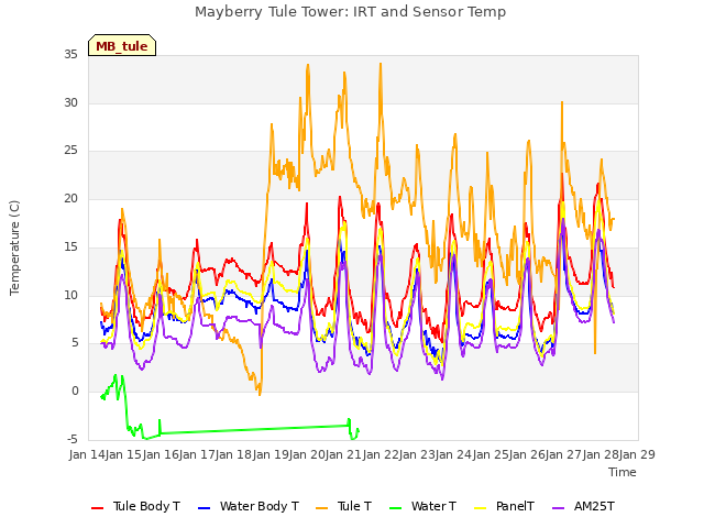plot of Mayberry Tule Tower: IRT and Sensor Temp