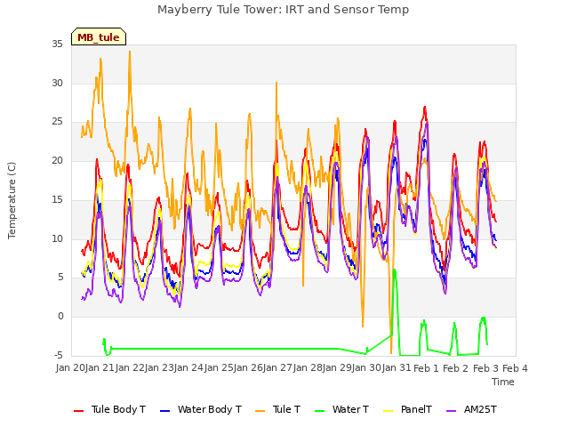 plot of Mayberry Tule Tower: IRT and Sensor Temp