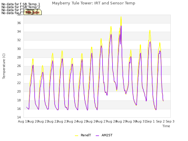 plot of Mayberry Tule Tower: IRT and Sensor Temp