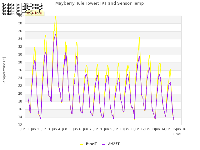 plot of Mayberry Tule Tower: IRT and Sensor Temp