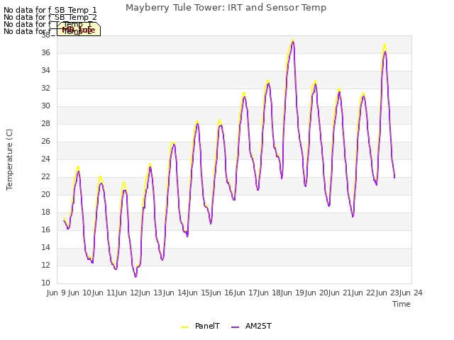 plot of Mayberry Tule Tower: IRT and Sensor Temp