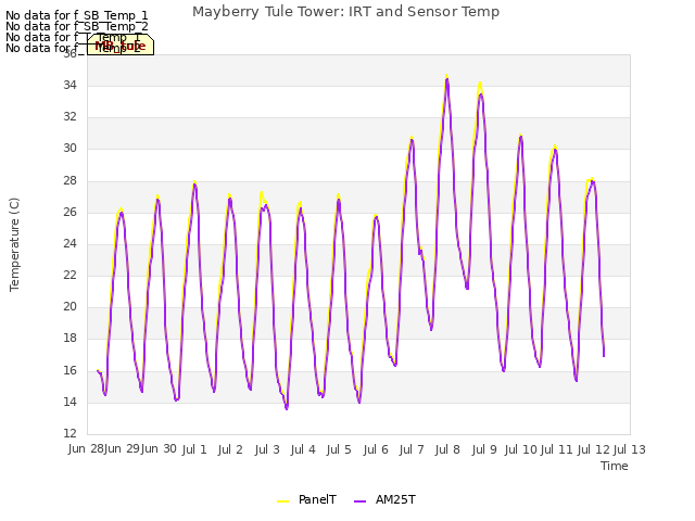 plot of Mayberry Tule Tower: IRT and Sensor Temp