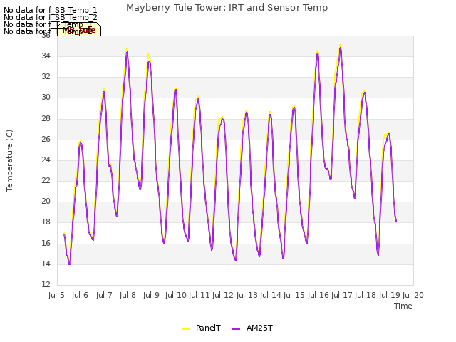 plot of Mayberry Tule Tower: IRT and Sensor Temp