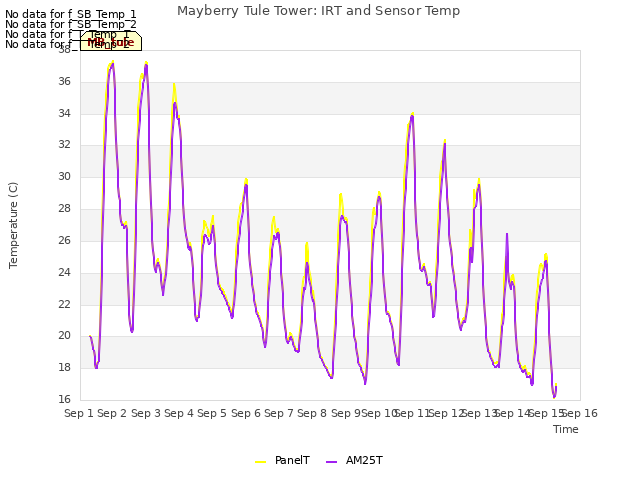 plot of Mayberry Tule Tower: IRT and Sensor Temp