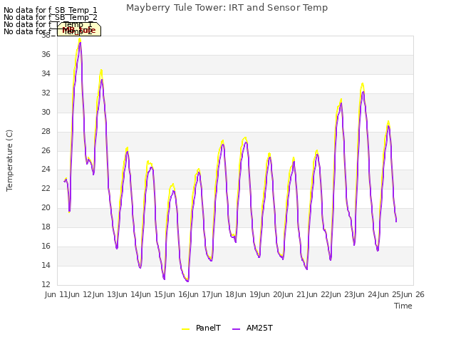 plot of Mayberry Tule Tower: IRT and Sensor Temp