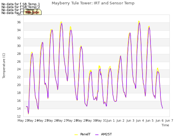 plot of Mayberry Tule Tower: IRT and Sensor Temp