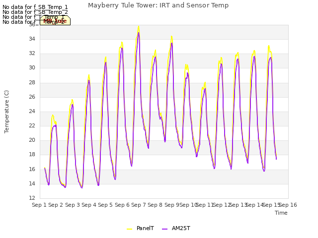 plot of Mayberry Tule Tower: IRT and Sensor Temp