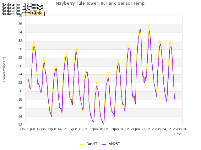 plot of Mayberry Tule Tower: IRT and Sensor Temp