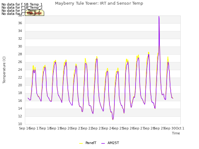 plot of Mayberry Tule Tower: IRT and Sensor Temp