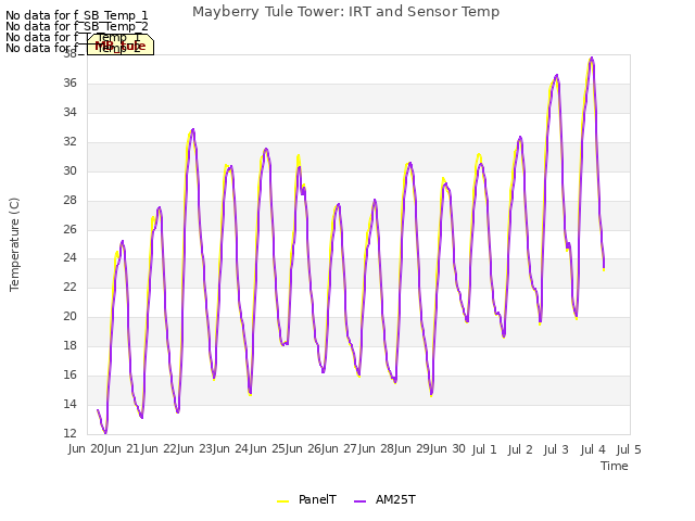 plot of Mayberry Tule Tower: IRT and Sensor Temp