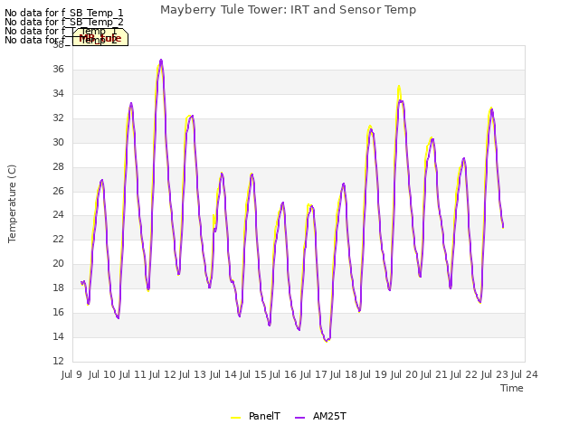 plot of Mayberry Tule Tower: IRT and Sensor Temp
