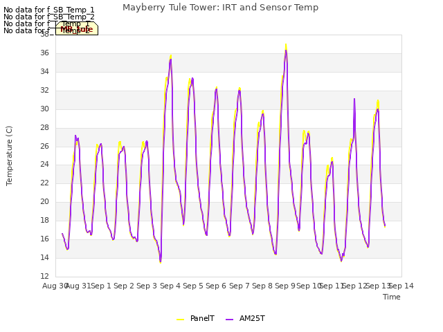 plot of Mayberry Tule Tower: IRT and Sensor Temp