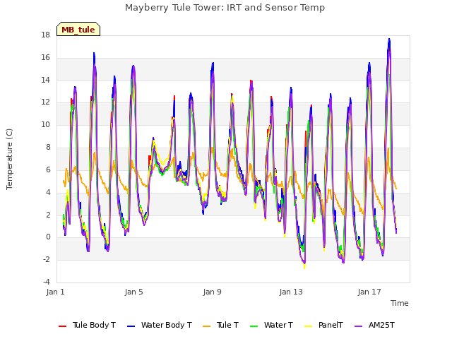 Explore the graph:Mayberry Tule Tower: IRT and Sensor Temp in a new window