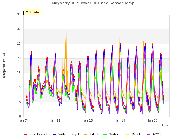 Explore the graph:Mayberry Tule Tower: IRT and Sensor Temp in a new window