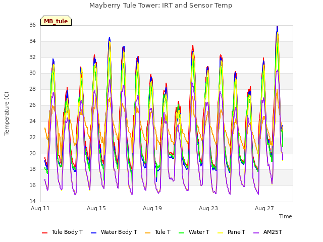Explore the graph:Mayberry Tule Tower: IRT and Sensor Temp in a new window
