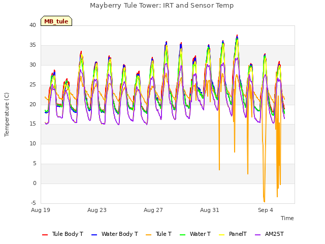 Explore the graph:Mayberry Tule Tower: IRT and Sensor Temp in a new window